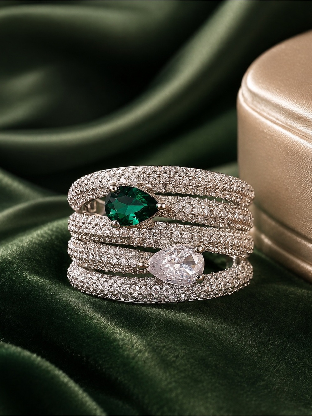 Statement Green & Clear Teardrop Crystal Multi-Row Pavé Silver Tone Ring